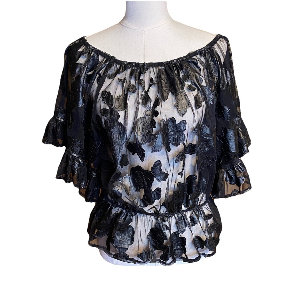5a7 cinq a sept Blouse Black Sheer With Leather Flower Pattern Size S Rare